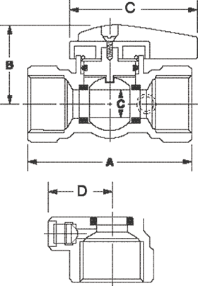 Legend Model T-3100 Blue Top Ball Valve with Side Tap Dimensions in Inches Diagram