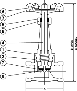 Long Bonnet Stop Valve Model T-504 Specifications and Dimensions